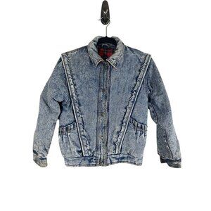 Vintage Acid Wash Denim Jean Bomber Jacket Blue 10 Flannel Plaid 80s Y2K Preppy
